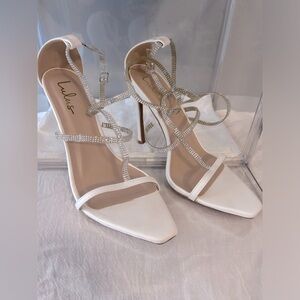 White Rhinestone Open Toe Ankle Strap Heels